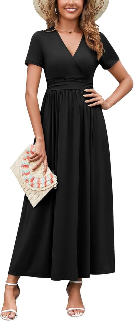 WEACZZY 2026 Summer Long Dresses for Women Wrap Empire Pleated Waist V Neck Short Sleeve Elegant Maxi Dress with Pockets (Small, 01 Black)