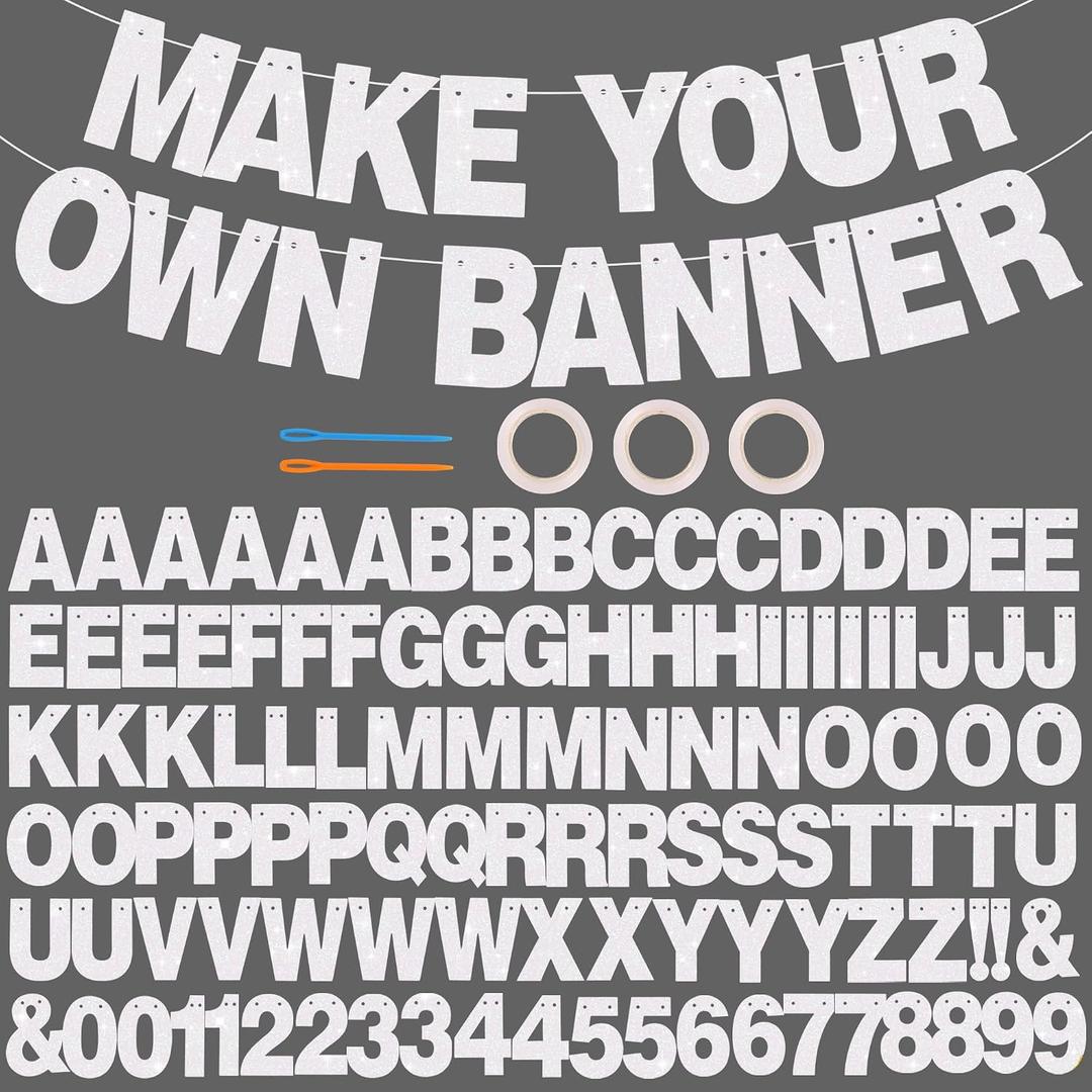 BEISHIDA 116 PCS A-Z DIY Letter Banner Kit Make Your Own Banner Including 111 Letters and Numbers 3 Rope and 2 Threading Device,Customized for Birthday Graduation Wedding Decor White