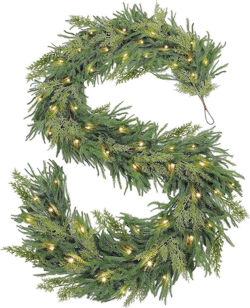 Prelit & Timer - 9 Ft by 12 Inch Christmas Garland with Lights, Real Touch Norfolk Pine Garlands Cedar Garland Artificial Realistic Soft Thickness 180 Pine Cypress Tips for Mantle Table Stairs Railing