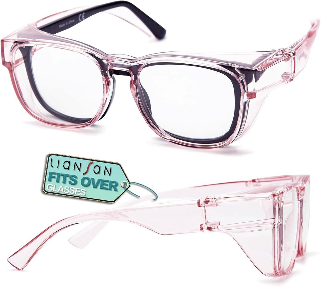 LianSan Safety Glasses Over Eyeglasses for Women - Anti-Fog Goggles Fit Over Prescription Eyewear for ANSI Z87.1 Certified (Light Pink/Clear)