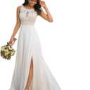 Chiffon A-line Beach Bridal Dress 2024 Boho Lace Applique Wedding Dress for Women White, Size 12
