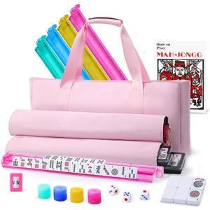 American Mahjong Tiles Set Complete166 White Tiles 4 Color Racks & Pusher Western Mahjong Set with Pink Carrying Bag for Beginners & Experts (Pink)