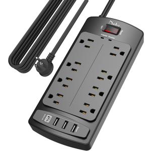 Surge Protector Power Strip - Nuetsa Flat Plug Extension Cord with 8 Outlets and 4 USB Ports, 15 Feet Power Cord (1625W/13A), 2700 Joules, ETL Listed, Black
