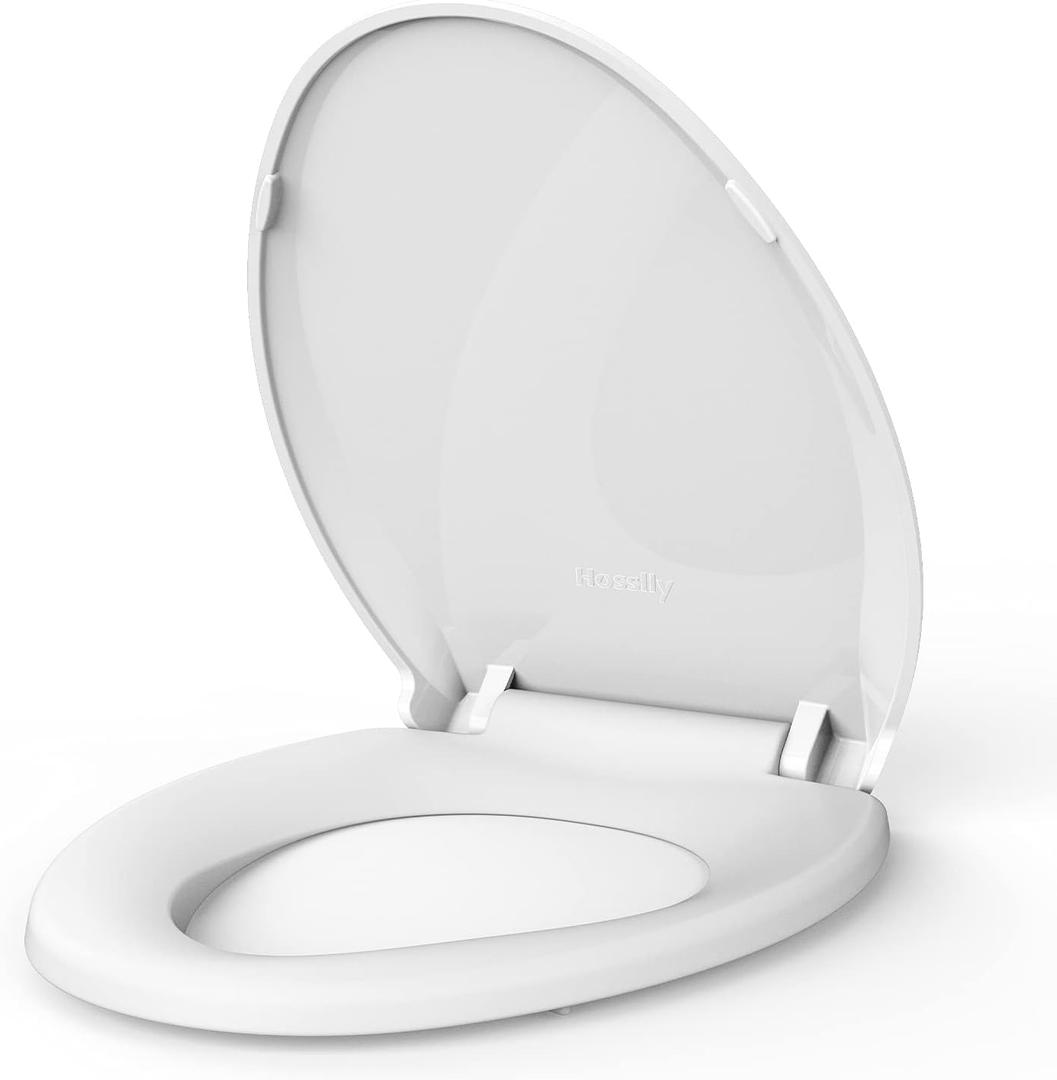 Elongated Toilet Seat Slow Close, Quiet Toilet Seat Cover with Never Loosen Durable Toilet Seat Lid Easy to Install & Clean, Polypropylene (PP), 19"-White Color