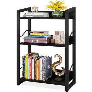 Hosfais Book Shelf Small Bookshelf - 3-Tier Wood Bookcase Industrial Bookshelf Metal Narrow Bookcase Storage Organizer Display Rack for Bedroom Living Room Home Office (Black)