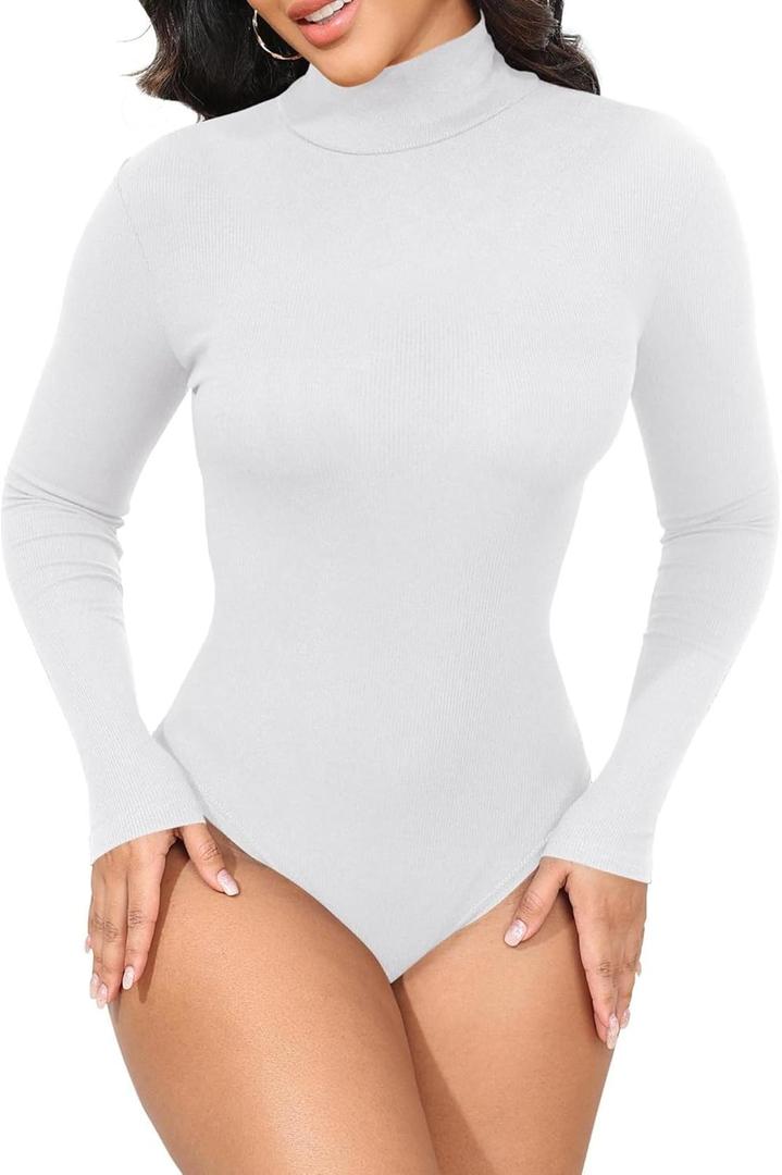 GEMBERA Womens Stretchy Long Sleeve Turtleneck Ribbed Knit Fitted Basic Bodysuit Shirt (Small, White)