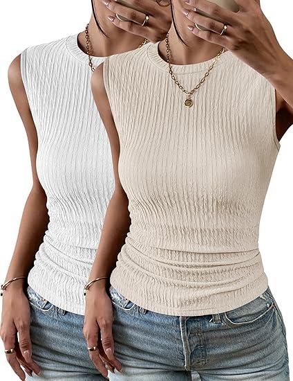 Zeagoo Women's High Neck Tank Top 2025 Summer Casual Ribbed Knit Slim Fitted Basic Textured Sleeveless Shirts M