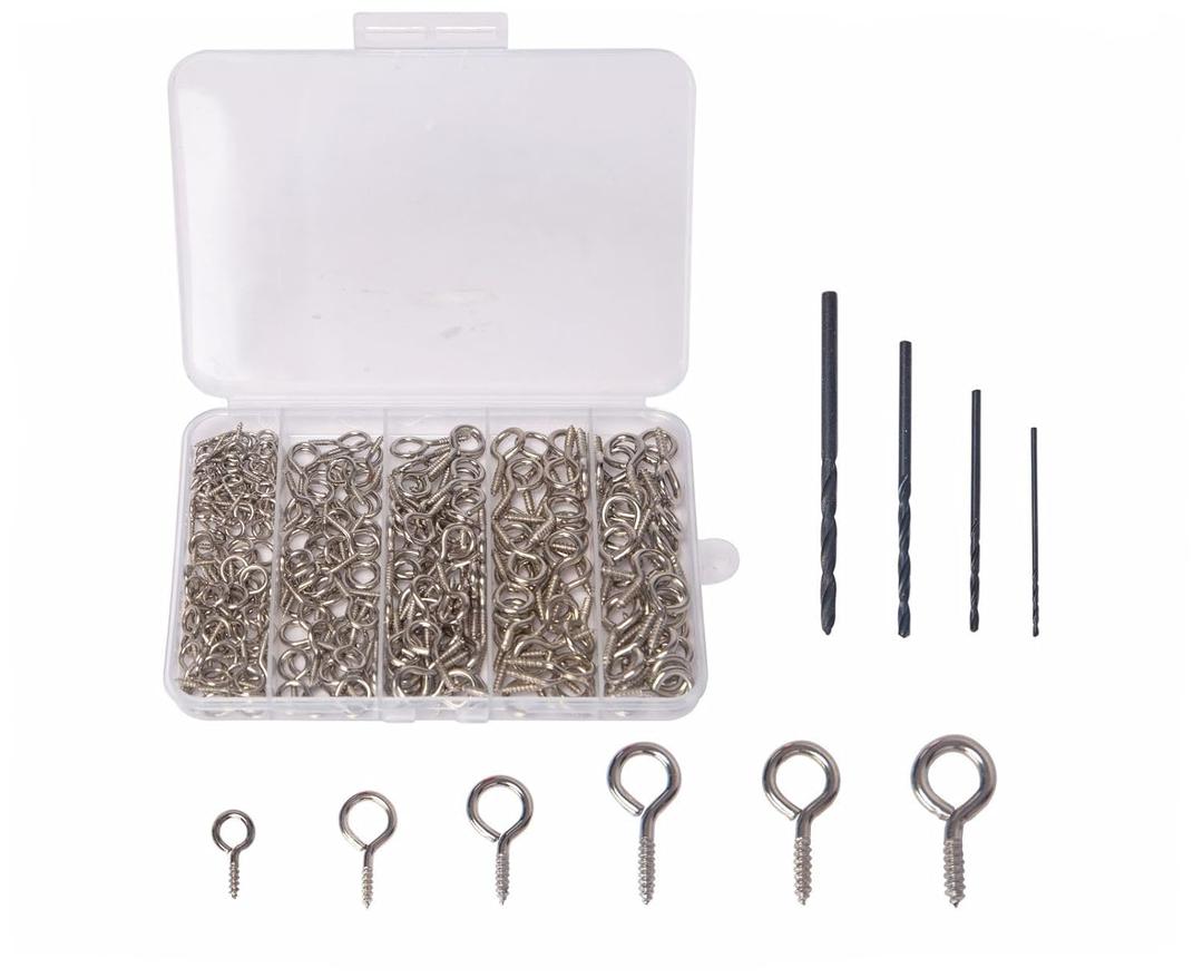 Mariyandh 260PCS Silver Eye Hooks Screw Metal 0.67 inches-1.1 inches Hook and Eye Small Eyelet Screws(0#-5#,260PCS)+4pcs Drill Bit(1.0,1.5,2,2.5)