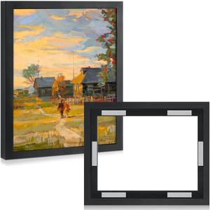 Qunclay 4 Pcs 11x14 Inch Canvas Floating Frame Black Floater Frames for Canvas Painting Wood Vertical and Horizontal Wall Hanging Frame with Adhesive Strips for Oil Painting Diamond Decor