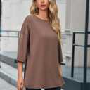 Oversized Tshirts for Women 3/4 Length Sleeve Casual Workout Tops Loose Fit Gym Shirts Side Slit Basic Tees Tunic (Brown, S)