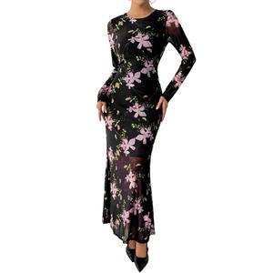 BTFBM Wedding Guest Dresses for Women Spring Fashion 2026 Bodycon Crew Neck Long Sleeve Boho Mesh Floral Maxi Fall Dress(Black Pink, Medium) (Black, M)