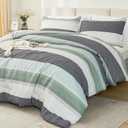 Litanika King Size Comforter Set Sage Green - 3 Pieces Lightweight Quilt Bedding Comforter Sets, Light Green White Colorblock Stripe Fluffy Bed Set, All Season Down Alternative