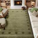Green Diamond Bordered Rugs for Living Room 8x10, Non-Slip Washable Farmhouse Bedroom Rug, Low-Pile Indoor Carpets, Stain-Resistant Vintage Rugs for Dining Room, Office