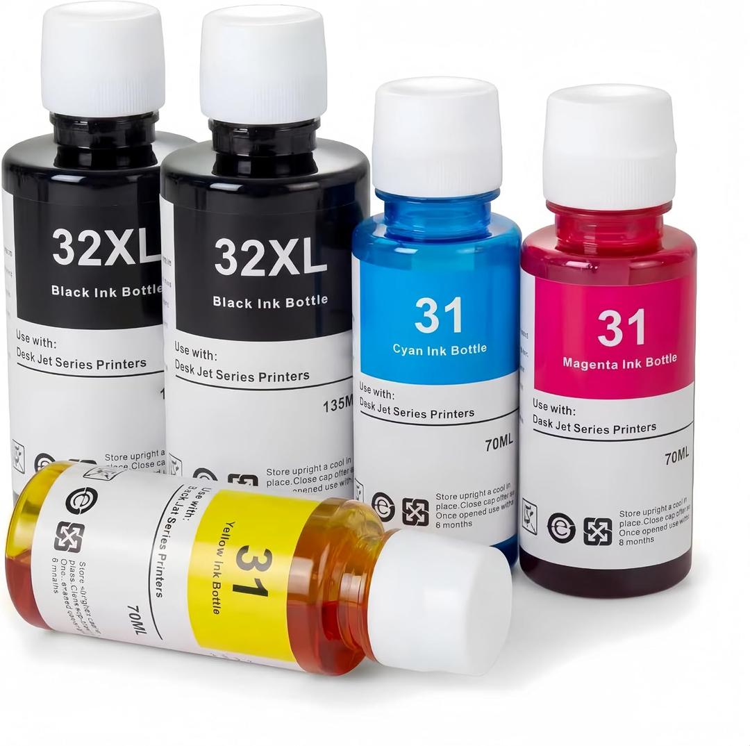 31 32XL Ink Bottles Compatible for HP Smart Tank 5000 6001 7301, 2×135ML Black 3×70ML Cyan Magenta Yellow High Yield Refill Ink for HP Ink Tank 310 410, DeskJet GT Series Printers