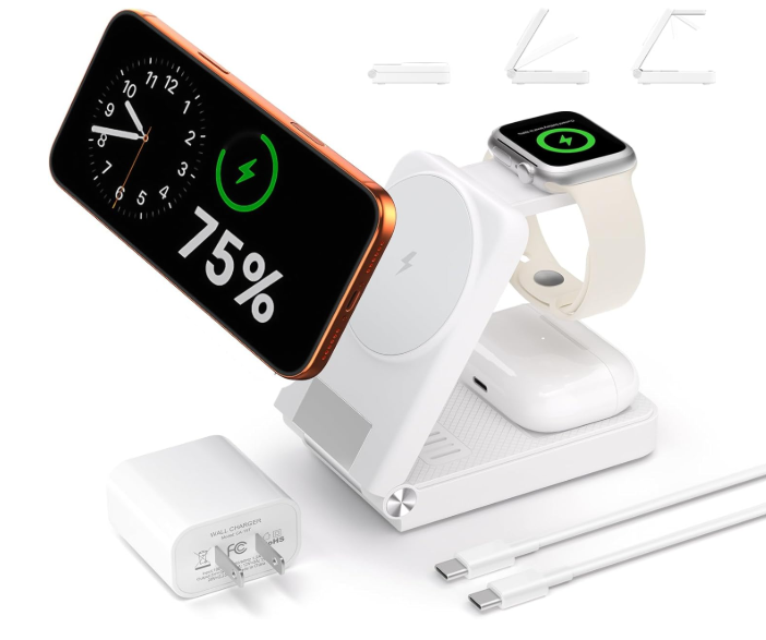 3 in 1 Charging Station, 25W Foldable Magnetic Fast Wireless Charger Stand for Apple Multiple Devices, Travel Charger for iPhone 17 16 15 14 13 12 Series Watch AirPods 4/3/2/Pro