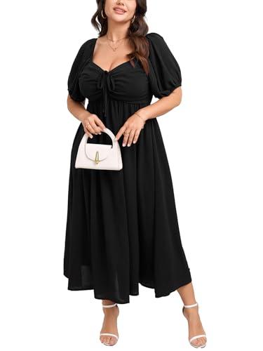 SCOMCHIC Plus Size Sweetheart Neckline Maxi Dress Formal Wedding Guest Short Puff Sleeve Cocktail Smocked A-Line Dresses Black XL
