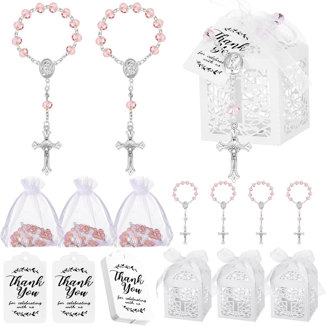 Yinkin 100 Pcs Baptism Favors Set Including 25 Mini Rosary Baptism Favors 25 Organza Bags with Drawstring 25 Thank Kraft Tags 25 Boxes for Christening Party Wedding Supplies Gifts(Pink)