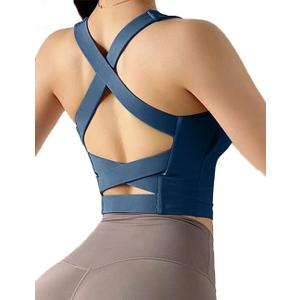 Women's Strappy Sports Bra Criss Cross Back Crop Tank Top Padded Fitness Workout Tops Longline Yoga Bras (Medium, Dark Blue)