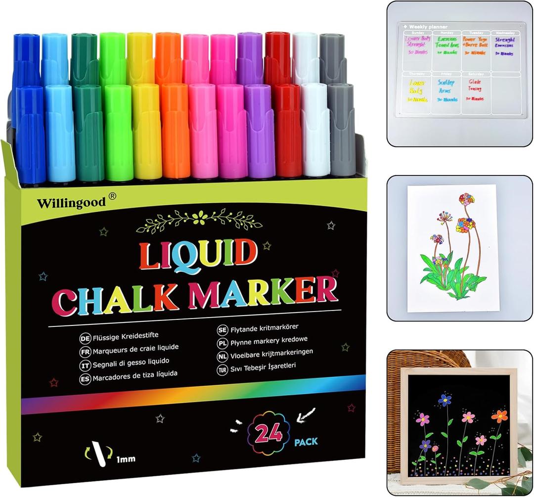 24 Chalk Markers, Liquid Chalkboard Markers with 12 Vibrant Colors, 1mm Fine Points for Acrylic Fridge, Calendar Board, Window, Mirror, Glass