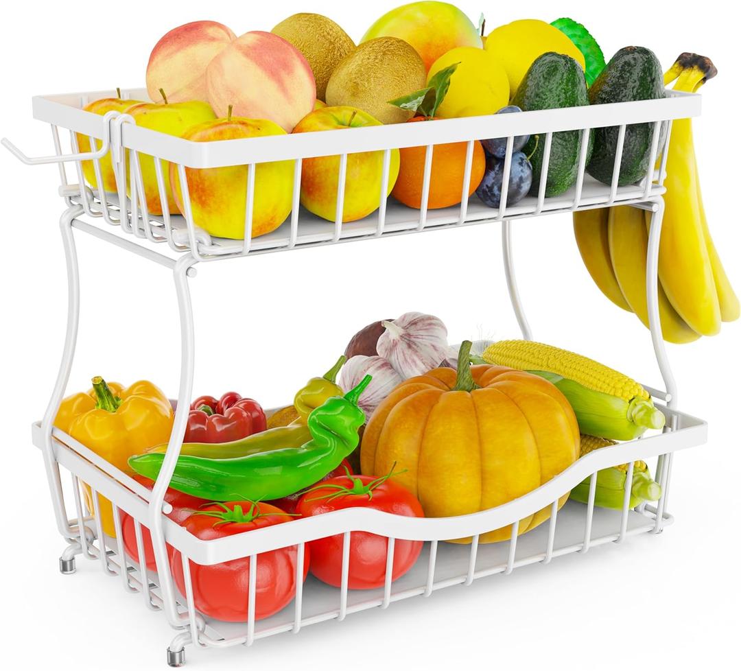 White 2 Tier Large Fruit Basket for Kitchen Counter with 2 Banana Hangers, Metal Fruit Bowl for Onion Vegetable Bread Snack, Countertop Organizer  14.5" W x 9.5" D
