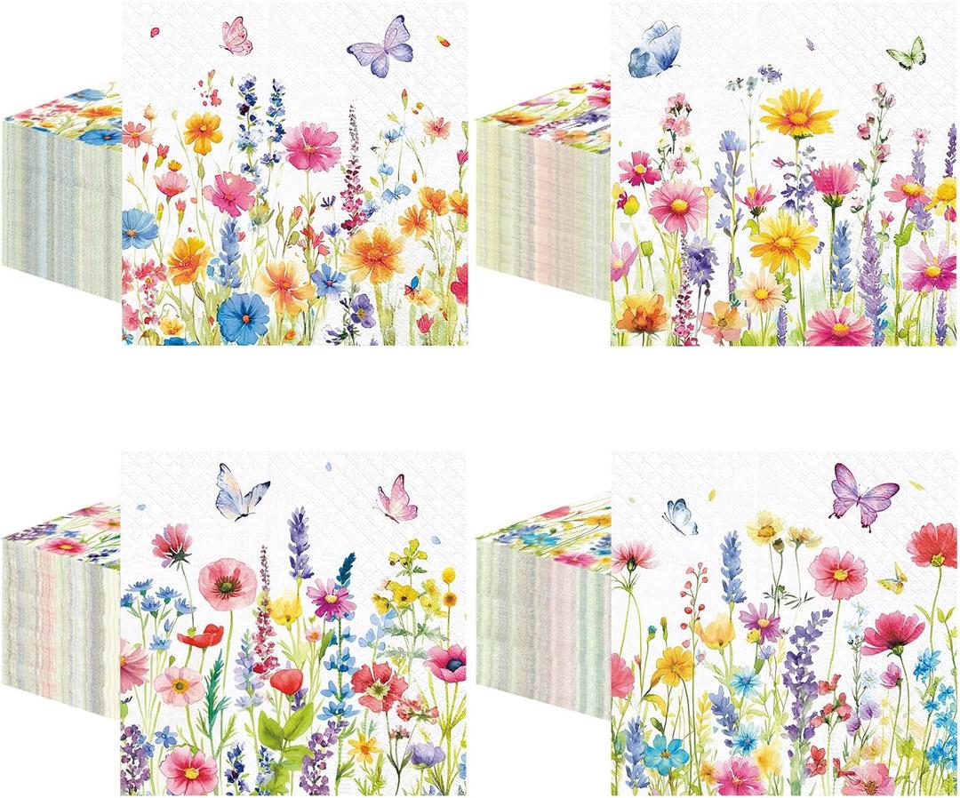 Fulmoon 200 Pieces Spring Wildflower Cocktail Napkins Decoupage Disposable Floral Dessert Paper Dinner Napkins Decorative Flower Butterfly Beverage Towel for Spring Summer Party Favor Supplies