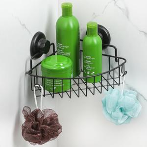 HASKO accessories Corner Shower Caddy with Suction Cup Shower Shelf with Hooks, Stainless Steel Bathroom Caddy, Wall Mounted Shower Basket for Bathroom, Adhesive 3M Stick Discs Included (Black)