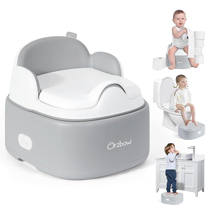 Orzbow 3-in-1 Toddler Potty Training Toilet | Baby Potty Chair, Toilet Topper Training Seat and Step Stool for Boys and Girls, Easy-to-Clean with Splash Guard and Lid, Grey