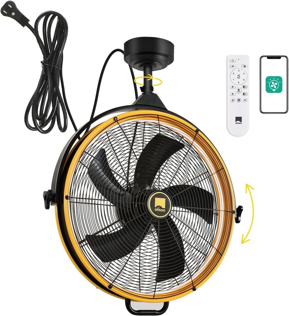 Orison 24.8'' Outdoor/Indoor Garage Ceiling Fan, 6 Speed Ceiling Mounted Plug-In Cord Garage Fan with Remote&APP, Manual Vertical Rotation, Hook hanging for Gazebo, Patio, Yellow & Black