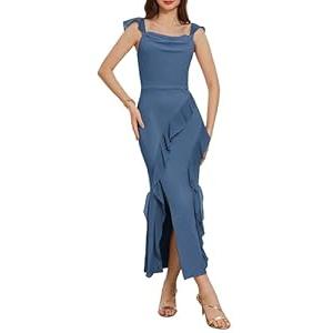 GRACE KARIN Spaghetti Strap High Slit Bodycon Cowl Neck Backless Club Party Maxi Dress Gray Blue, M