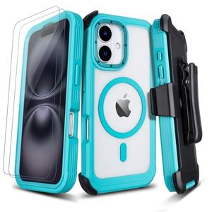 Defender for Clear iPhone 16 Case with Belt Clip Holster + 2 Screen Protectors, Compatible with MagSafe, Anti-Yellowing, Full-Body Phone Cover for iPhone 16 Case (Clear & Navy Blue)