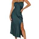 VUBIYA 2025 Summer Satin Tube Tops Slit Wedding Guest Dress for Women Elegant Sexy Strapless Halter Neck Midi Dresses Teal Size S