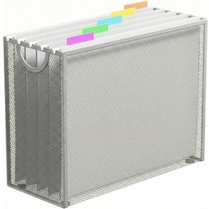 Hanging File Organizer, Letter-Size File Holder Filing Box with 5 Hanging Folders, Metal Mesh Desk File Folder Storage(No Assembly Required) (Silver, with 5 Grey Folders)