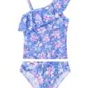 WhizBuzz Girls Bathing Suits Size 10-12 Years Old Blue Purple Flowers Swimsuits Kids Ruffle Swimwear