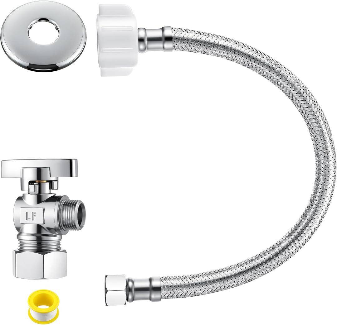 1 Pack Complete Toilet Valve Set, Includes 1/2'' Nom Inlet x 3/8'' OD Compression Outlet Angle Shut Off, 7/8" BC x 3/8" COMP Toilet Water Supply Line, Escutcheon Plate, Sealing Tape (16 Inch)