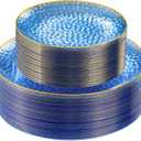 SUT 100Pcs Blue Plastic Plates, Hammered Plates Disposable Heavy Duty, Blue Disposable Plates With Gold Rim, Fancy Plastic plates Include 50 Dinner plate and 50 Dessert plates for Wedding