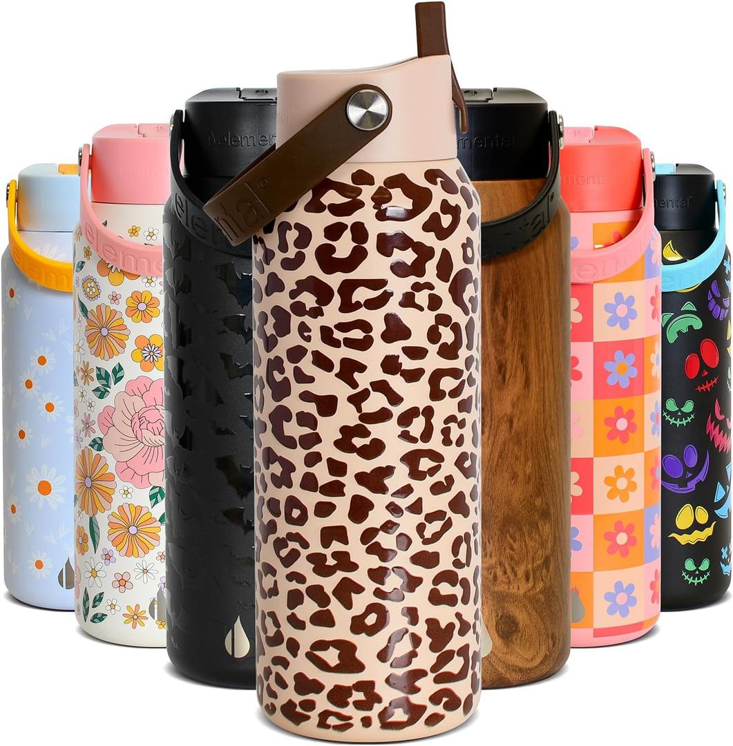 Elemental 40oz Insulated Water Bottle with Straw - 100% Leak-Proof Stainless Steel Core Water Bottles for Travel, Sports and Gym - Double Wall Insulation & BPA Free - Beige Leopard