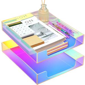 Maxcheck 2 Pcs Iridescent Acrylic Letter Tray with Non Slip Rubber Iridescent Letter Organizer Storage Stackable Mail Tray Acrylic Paper Organizer Memo Pad Holder Dispenser for Desk Office Home File