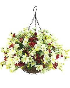 Lopkey Artificial Daisy Flowers Outdoor Indoor Patio Lawn Garden Hanging Basket with Chain Flowerpot, White-Red