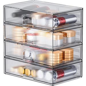 ZHIAI Stackable Storage Drawer, 4 Piece Acrylic Organiser for Cosmetics and Beauty Products, Suitable for Dressers, Bathrooms, Cabinets, Storage Rooms, Bedrooms and Home Organisers
