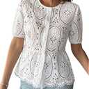 GORGLITTER Women's Eyelet Babydoll Shirts Button Down Lace Embroidered Short Sleeve Boho Dressy Peplum Blouses Top M
