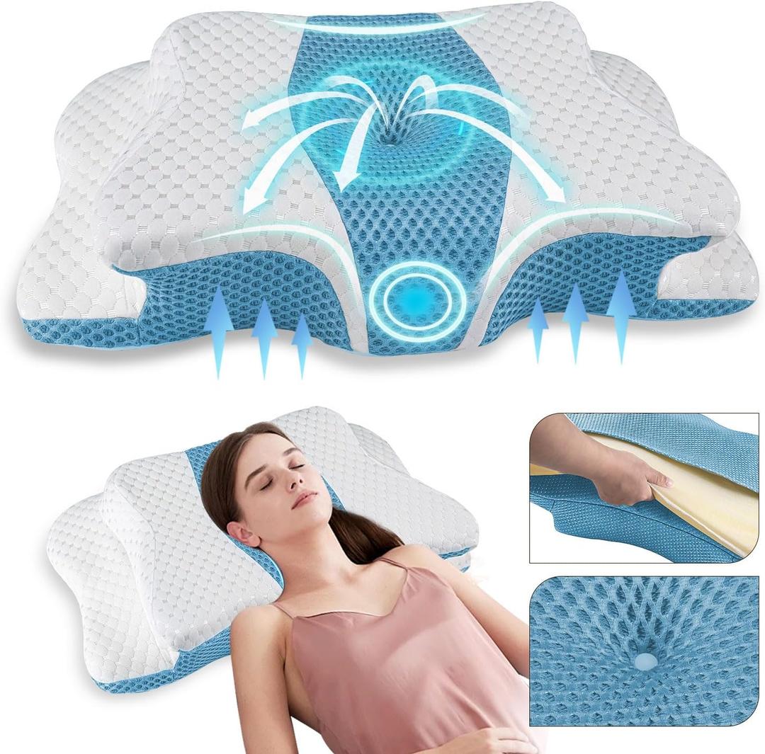 Pain Relief Cervical Pillow for Neck Support,Adjustable Ergonomic Pillow Cozy Sleeping,Odorless Orthopedic Memory Foam Pillows,Contour Bed Pillow for Side Back Stomach Sleeper (Dark Blue)