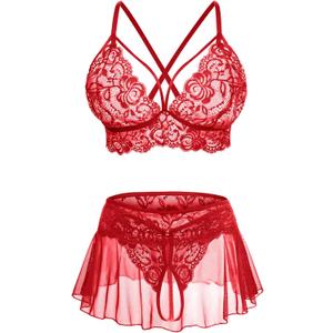 CRIPOM Sexy Lingerie for Women Naughty 3 Piece Lace Bralette, Mini Skirt with G-String Crotchless Lingerie Outfits (Medium, Red)