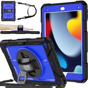 BMOUO Case for iPad 9th/8th/7th Generation 10.2", Shockproof 360 Rotating Stand Shoulder Hand Strap for iPad 9th/8th/7th Gen Case with Pencil Holder for iPad 10.2 inch 2021/2020/2019, Deep Blue