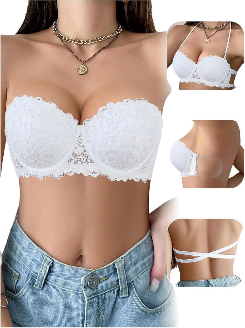 SHENHE Women's Lace Strapless Bras Backless Push Up Halter Neck Convertible Multiway Bra with Silicone Wings, White, 36D