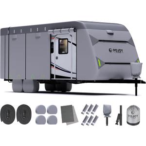 Waterproof Windproof RV Travel Trailer Cover, Anti-Rip Anti-UV 600D Oxford Fabric Camper Cover - with Tongue Jack Cover, Tire Covers, Gutter Covers, for 26'1"-28'6"