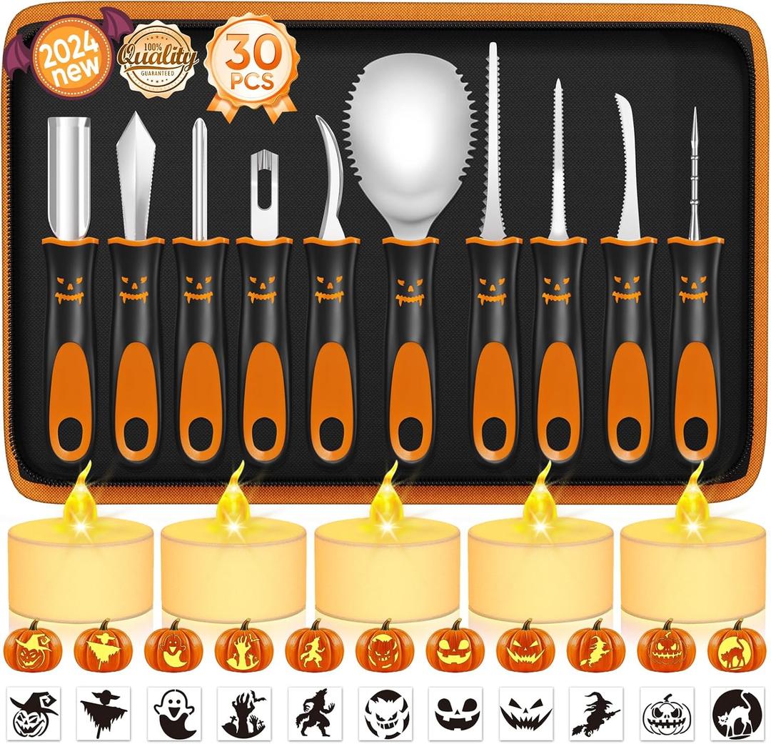 Halloween Pumpkin Carving Kit with Stencils, 30 PCS Professional Pumpkin Carving Tools, Heavy Duty Pumpkin Carving Knife, Safety Stainless Steel Jack-O-Lanterns Pumpkin Carving Set for Kids Adults