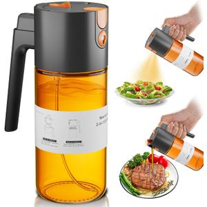 Upgrade 2 in 1 Oil Sprayer for Cooking, 17oz Light-Blocking Glass Olive Oil Dispenser Bottle for Kitchen,Food-Grade Oil Mister with 8 Stickers for Salad, Frying(Amber Bottle-Black Gap)