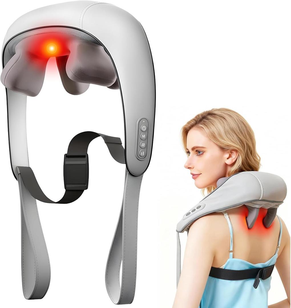 Neck Massager with Heat - Neck Massager for Pain Relief Deep Tissue with 6 Heads, 3-Speed Electric Cordless 6D Deep Kneading Shoulder Massager, Home Office Car Use, Gifts for Men, Women