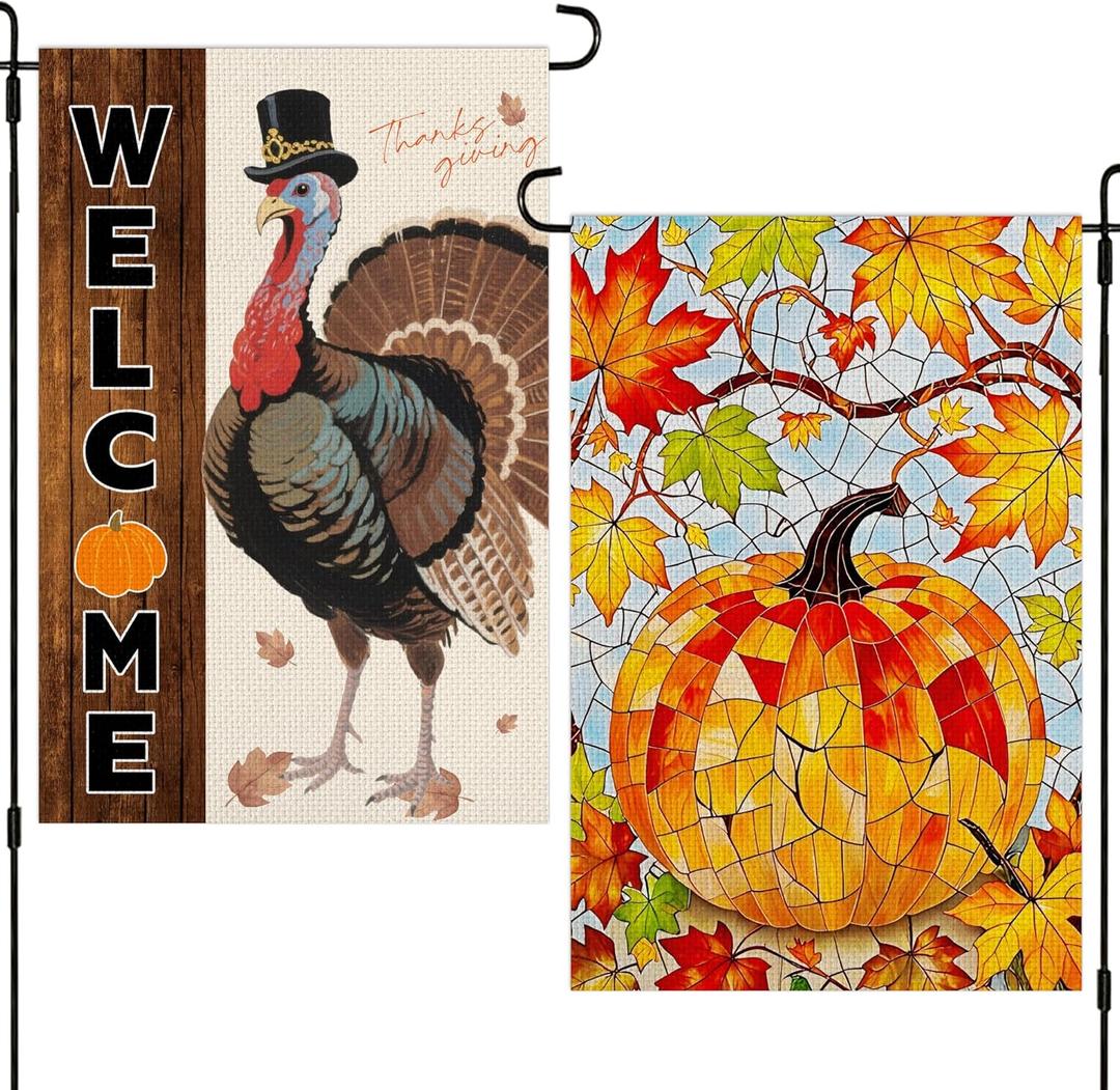2 x Thanksgiving Garden Flag,Fall Yard Flags for Outside,with Different Designs on Each Side, Harvest Flag for Porch Balcony Outdoor Decor