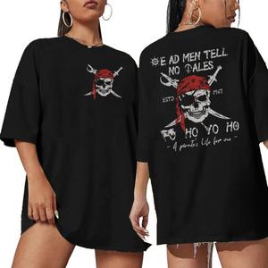 Pirate Shirt Women Vintage Graphic Oversized Skeleton Shirt Funny Casual Skull Short Sleeve Top (X-Large, Black)